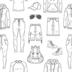Men's Sportswear Collection. Sport clothes, vector line seamless pattern background	