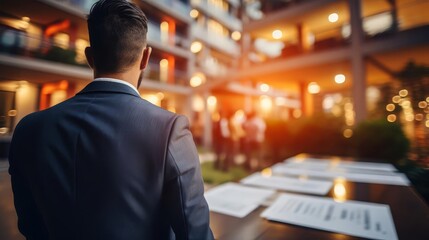 Businessman observing a networking event in a modern open-space office. Professional interaction and connections in a contemporary workspace.