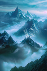 Tall, jagged, snow-capped mountains rising through thick mist, creating a surreal, blue atmosphere