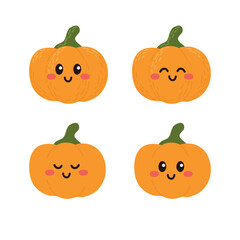 Set of cute cartoon colorful orange pumpkin with different emotions. Funny emotions character collection for kids. Fantasy characters. Vector illustrations, cartoon flat style.