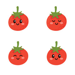 Set of cute cartoon colorful red tomatoes with different emotions. Collection of characters with funny emotions for kids. Fantasy characters. Vector illustration, cartoon flat style.