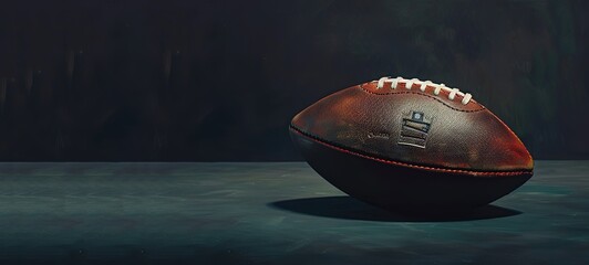 An American football ball is photographed inside an empty room on a black background
