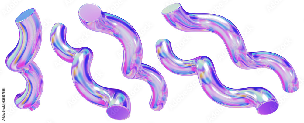 Poster 3d set of holographic geometric shape spiral. metal simple figure for your design on isolated backgr