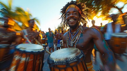 An energetic African drummer engages in a lively street performance, showcasing cultural expression and musical passion