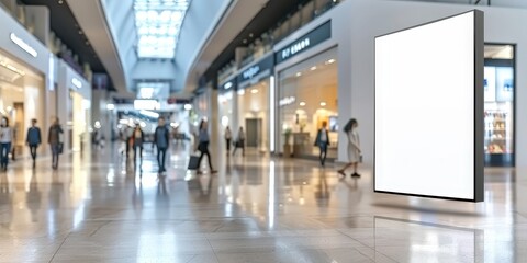 white Blank advertisement billboard in modern shopping mall corridor with blurred shoppers
