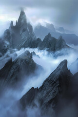 Sharp mountain peaks jutting through dense mist under an overcast sky, evoking a dramatic and moody atmosphere