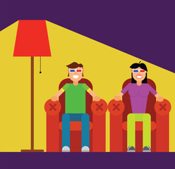 Guy and Girl Watching 3d Movie at Home. Entertainment and leisure time concept vector
