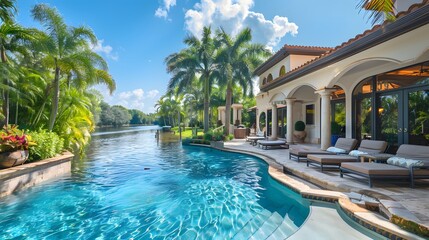 A beautiful home in Miami, FL with an elegant pool and palm trees. The house has large windows overlooking the waterway and is surrounded by lush greenery.
