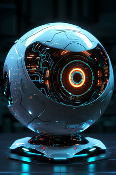 Futuristic sphere with intricate glowing circuitry and a glowing eye, set against a dark background. Generative ai.