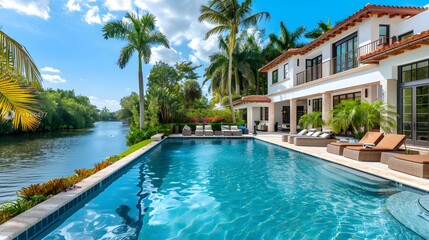 Fototapeta premium A beautiful home in Miami, FL with an elegant pool and palm trees. The house has large windows overlooking the waterway and is surrounded by lush greenery.