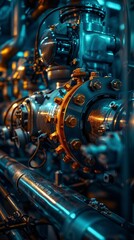Close-up of complex industrial machinery with intricate pipes, bolts, and gears showcasing engineering and technology in vivid lighting.
