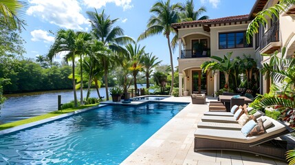 Obraz premium A beautiful home in Miami, FL with an elegant pool and palm trees. The house has large windows overlooking the waterway and is surrounded by lush greenery.
