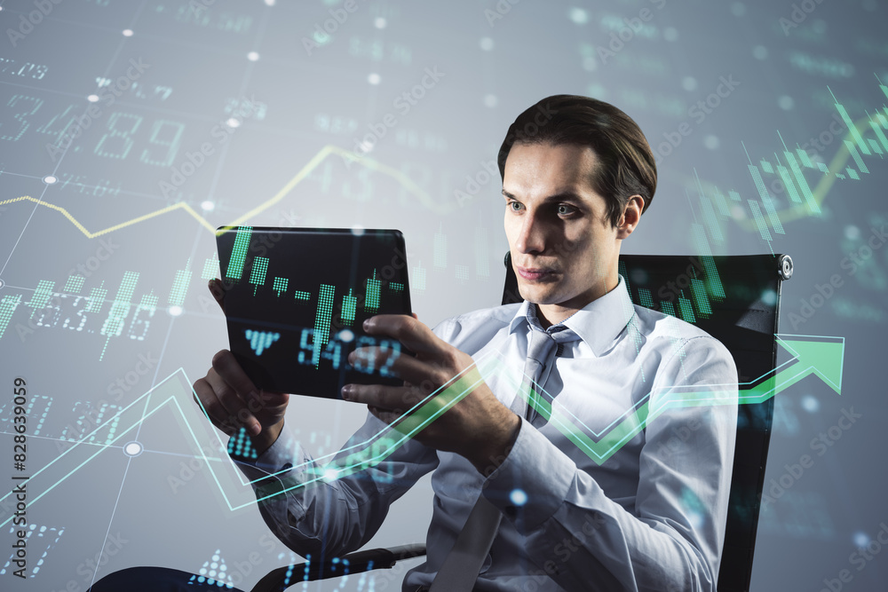 Poster a professional man analyzing financial data on a tablet, with virtual stock market graphs overlaying