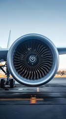 Close-up view of an aircraft jet engine on the runway, showcasing its intricate design and powerful engineering.