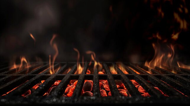 A dramatic perspective of red-hot coals underneath a dark grill with flames reaching upwards