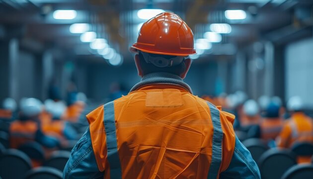 Construction worker wearing safety equipment in an industrial training setting, focusing on safety protocols. Rear view of worker in orange vest