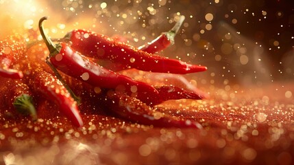 Red chili peppers with golden dust sparkling over them, evoking luxury and flavor intensity