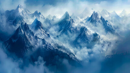 Fototapeta premium Expansive range of snow-capped mountains shrouded in mist, offering a vast and tranquil blue atmosphere