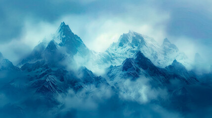 Snow-covered mountain peaks emerging from thick mist, creating a calm and serene blue atmosphere