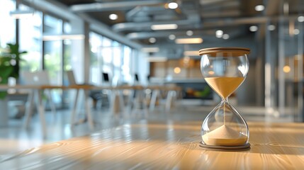 A closeup of an hourglass on a desk in the foreground, set against a blurred background of a modern office space with glass walls and wooden flooring.