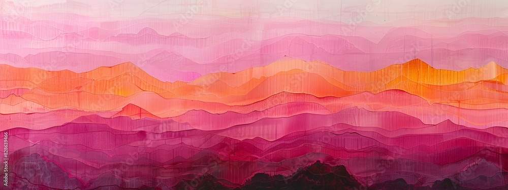 Poster an abstract painting with layers of neat lines in varying shades of pink.