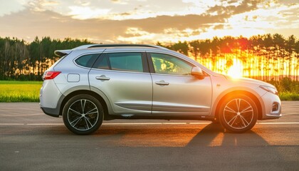 A silver car standing in the parking lot. The sun reflects off the bodywork. SUV, crossover.