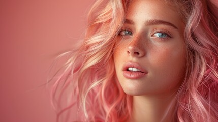 Close-up of a young woman with freckles, intense eyes, and pink hair against a salmon pink background