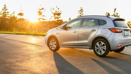 A silver car standing in the parking lot. The sun reflects off the bodywork. SUV, crossover.