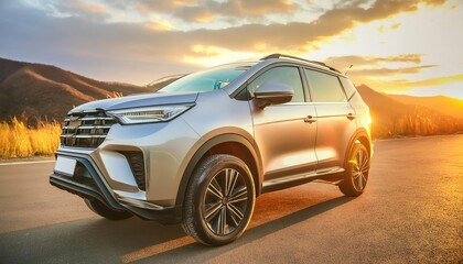 Obraz premium A silver car standing in the parking lot. The sun reflects off the bodywork. SUV, crossover.