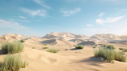 Fototapeta premium A vast desert landscape with rolling sand dunes and distant mountains under a clear blue sky.