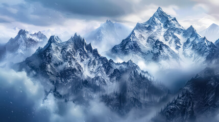 Snow-covered mountain peaks surrounded by mist, evoking a cold, dramatic atmosphere with visible forests below