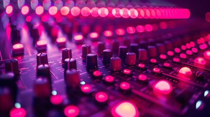 A closeup of the audio console, with vibrant pink and red lights reflecting off its surface.