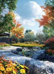Fototapeta premium Autumn Garden with Colorful Foliage