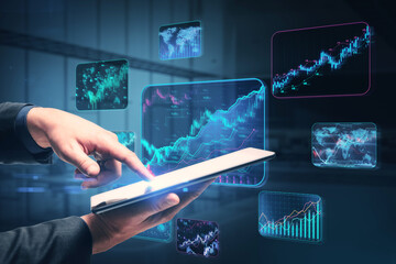 Person using a tablet with futuristic stock market data holograms overlay, digital background, concept of financial technology