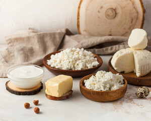 Assorted dairy products including cottage cheese, sour cream, and butter on a rustic wooden setup