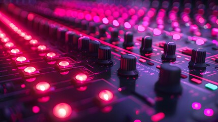 Fototapeta premium A closeup of the audio console, with vibrant pink and red lights reflecting off its surface.