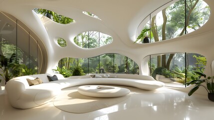 Fototapeta premium A futuristic interior of an ecofriendly home, with sleek white furniture and large windows overlooking lush greenery. The design includes organic shapes inspired by nature.