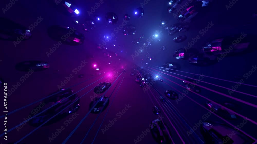 Poster flight through hi-tech technology tunnel with camera shake. neon light and mist, sci-fi construction