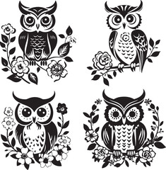 Owl With Flowers Vector Silhouette Set