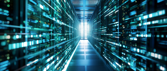 Modern Data Technology Center with Illuminated Server Racks