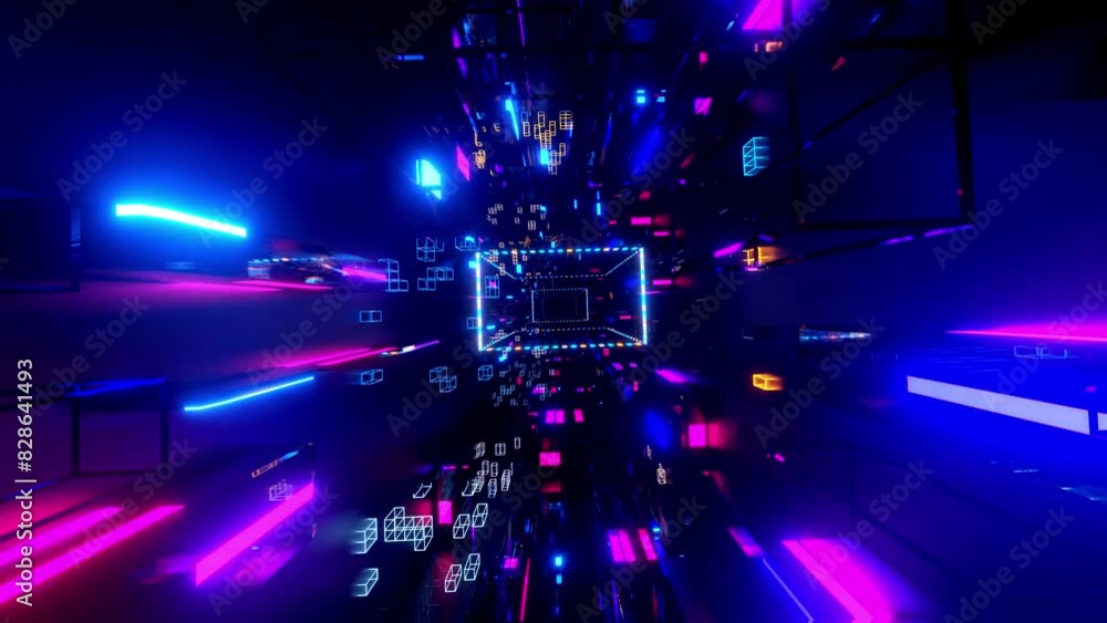Poster flight through hi-tech technology tunnel with camera shake. neon light, sci-fi constructions, myster