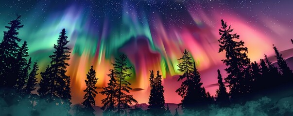 View of the forest with beautiful aurora decorations in the sky at night