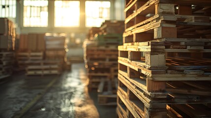 Obraz premium A large stack of wooden pallets in an industrial warehouse, ready for packaging and cargo transport. creating a warm atmosphere.
