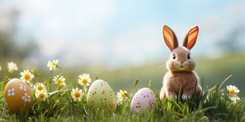 Fototapeta premium Easter bunny in green grass with painted eggs, sunny day, egg hunt, Happy Easter banner background