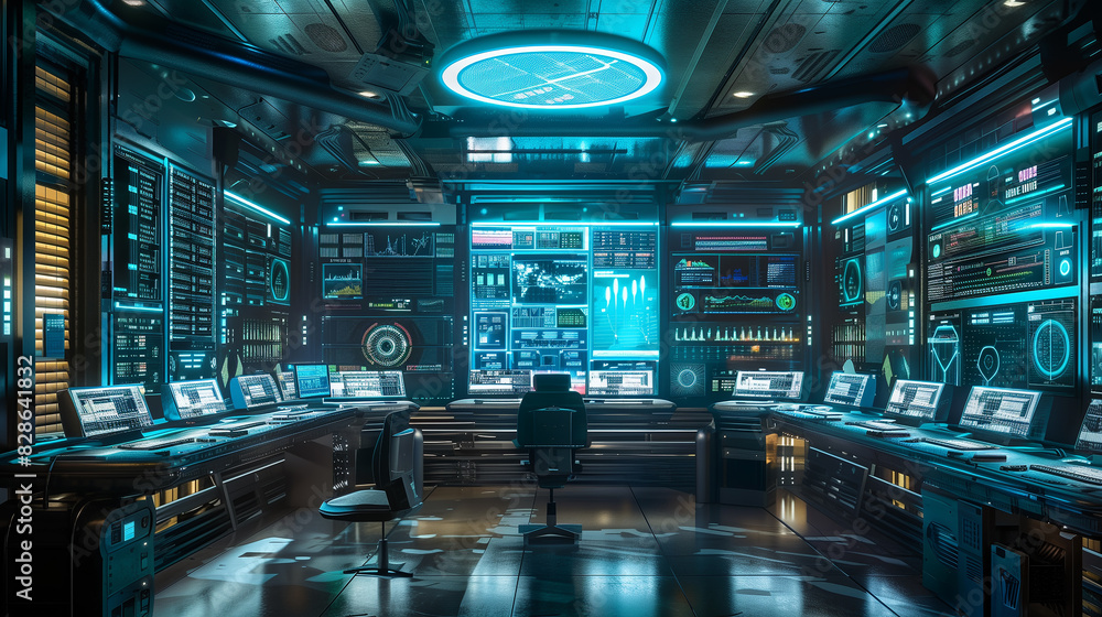Poster a futuristic room with a large screen showing a globe. the room is filled with computers and monitor