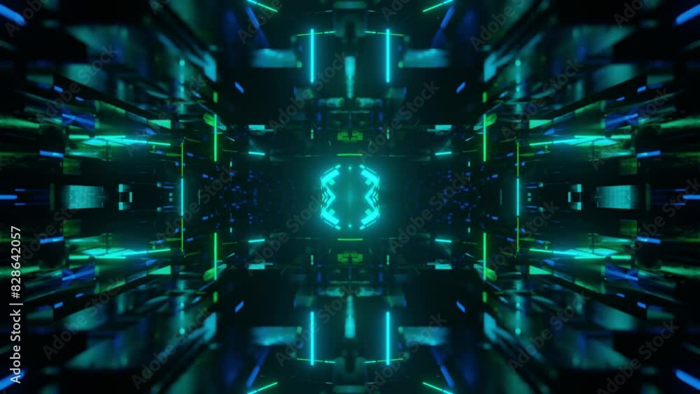 Poster symmetrical 3d object or structure rotates and moves inside glass mirror tunnel with neon light, bri