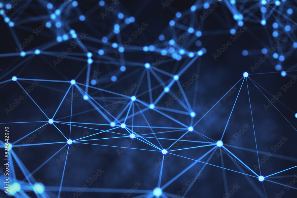 Poster Blue neon network of dots and lines on a dark background, symbolizing technology connection and data concept. 3D Rendering
