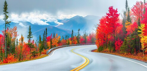 An empty road with red and green trees beside it
