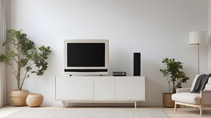 Create a dummy of a TV that is set on a cabinet in a living room with a white wall.