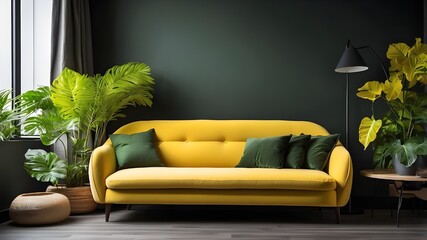 Interior of a modern living room featuring a yellow sofa, green plants, a table, and a lamp against a dark backdrop.